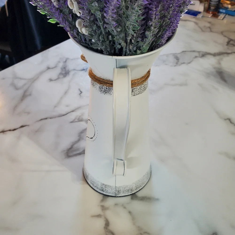 Lavender Artificial Flowers in Decorative Flower Pitcher